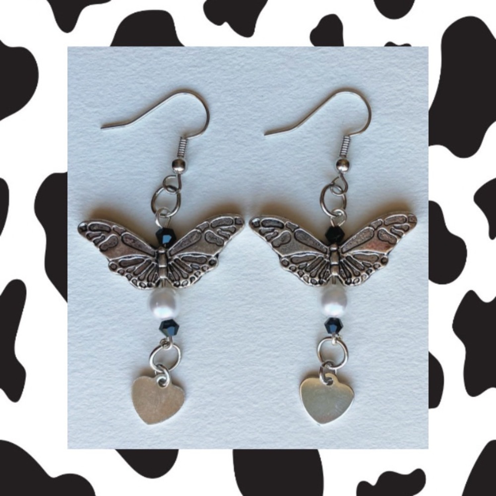 Butterfly Pearl Heart Charm Dangly Earrings